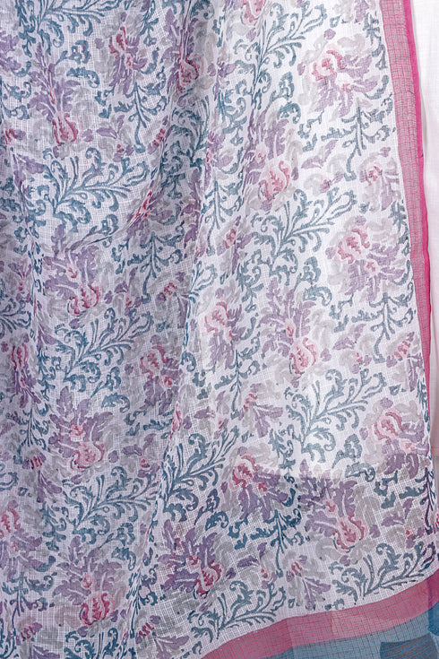 Kota Doria Dupatta  In Floral Block Print